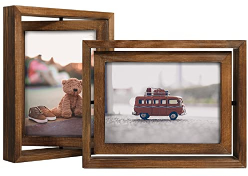 EGOFINE 2 Pack 7x5 Rotating Floating Picture Frames, Double-Sided Display with HD Glass Front Wooden Distressed Frame for Vertical or Horizontal Tabletop Display, Carbonization