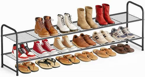 AOODA Long 2 Tier Shoe Rack for Closet Metal Wide Stackable Shoe Storage Organizer for Entryway, Bedroom, Floor, 18-Pairs Low Shoe Shelf, Black