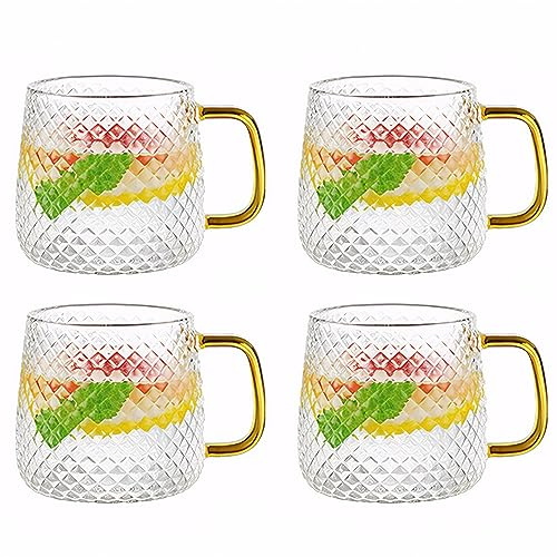 YBCPACK Glass Tea Mugs with Handles Set of 4, 10oz/320ml Clear Glass Coffee Cups for Hot and Iced Drinks, Tea, Water, Latte, Coffee, Juice