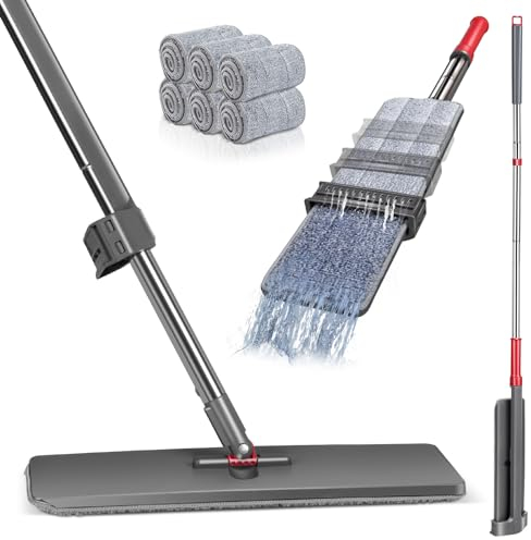 Wischmopp mit Auswringfunktion | HEVOL Bodenwischer | 147cm Wischer Set mit Stiel | Handfreier Flachmopp Set mit 6 Wischpads | Mikrofaser Nasswischer Wischer Set für Hartholz, Laminat, Fliesen