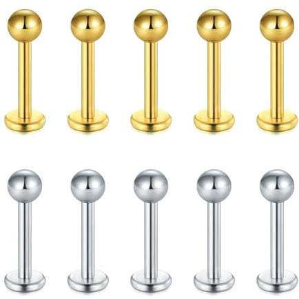Briana Williams 10pcs 1.2mm 316L Acero Inoxidable Labret Labio Piercing Tragus Helix cartílago Pendiente Barbell Stud,Plata Oro 8mm Longitud de la Barra