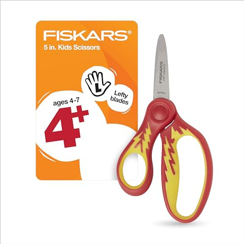 Fiskars SoftGrip Linkshänderschere mit spitzer Spitze, 12,7 cm, für Kinder im Alter von 4–7 Jahren, für Schule oder Basteln, Schulbedarf, roter Blitz