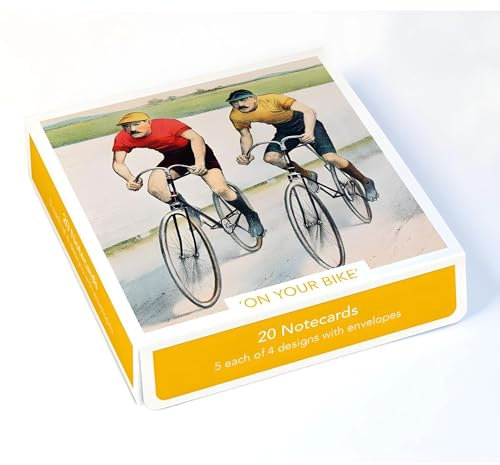 Boîte de 20 cartes de vœux – Motif cycliste artistique – À vélo – Cartes générales pour anniversaire et autres occasions – 5 de chacun des 4 motifs – Fabriquées au Royaume-Uni – Respectueux de