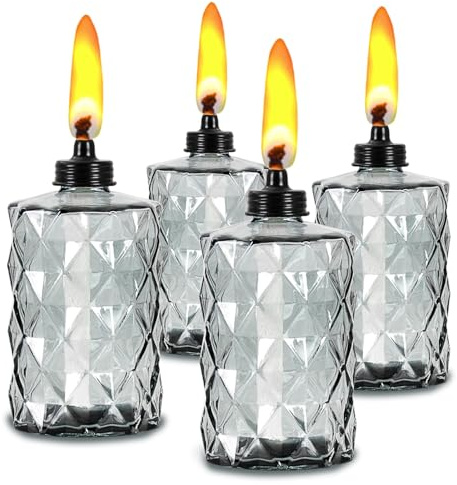 Linternas de cristal para mesa, paquete de 4 antorchas de citronela para exteriores, linterna de llama de 12 onzas, recargable, mecha y tapa incluidas, linternas de paisaje para jardín, patio,