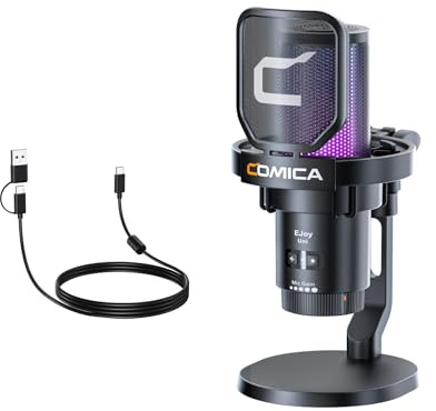 COMICA EJoy Uni USB Microphone, Micro Gaming pour PC avec Gain/Muet/Réduction du Bruit/Moniteur/Lumières RVB, Microphone pour Streaming, Podcast, Enregistrement, Youtube, Ordinateur, Téléphone, PS4&5
