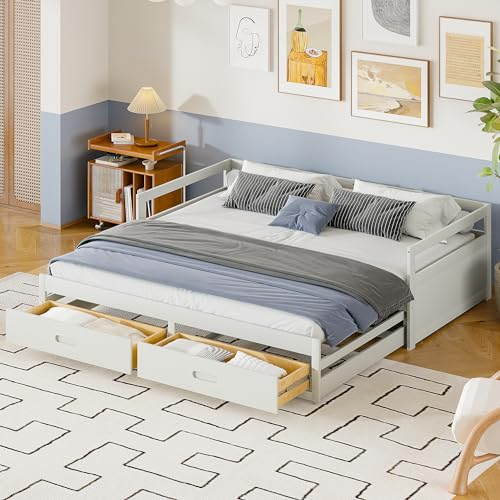 Tagesbett Schlafsofa CouchSofa 90/180 × 190cm mit Ausziehbares Bett und 2 Schubladen, Holzbett mit Rückenlehne und Lattenrost, Multifunktionsbett fürs Wohnzimmer/Schlafzimmer/Gästezimmer (Weiß)