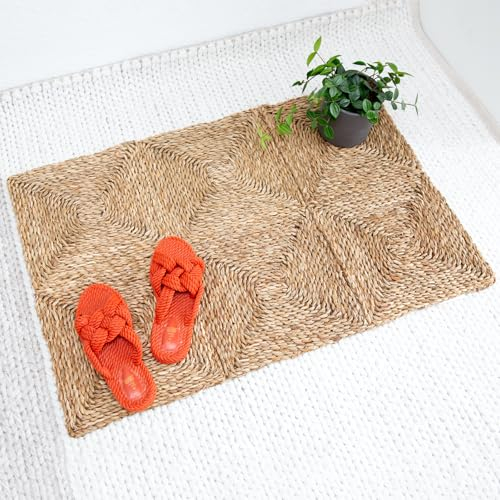 Josephina DAVAOO Teppich, 90x60cm Natur-Teppich aus Seegras, Läufer für Wohnzimmer, Balkon & Flur, Faltbarer Balkonteppich, Küchenteppich, Matte handgeflochten im Boho-Stil in Natur/Strohfarben