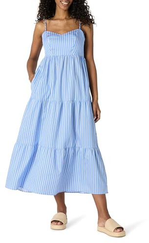Amazon Essentials Vestido Largo Escalonado de Satén de Algodón con Corte Evasé, Cintura Imperio y Escote Corazón Mujer