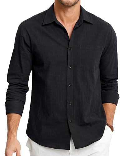 HISDERN Camisas de Lino y Algodón para Hombre Manga Larga Ligeras Verano Lino Camisa de Ajuste Regular Abotonadas Casual Shirt con Bolsillo