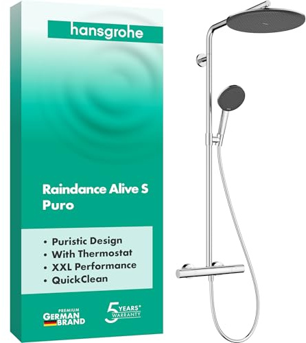 hansgrohe Raindance Alive S Puro - Duschsystem med termostat, Regndusch (300 mm), Duschset med handdusch (3 stråltyper), duschslang, duschstång och huvuddusch, krom, 24592000