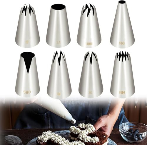 8 Douilles en Acier Grande Inoxy, Ensemble de Douilles Piping de Haute Qualité, Douilles Professionnelles Numérotées pour Poche à Douille, Cupcakes, Gâteaux, Muffins (1A,1M, 2D, 2F, 580, R6, 108E, 6B)