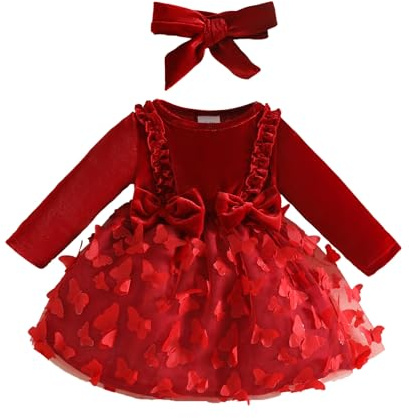 UUAISSO Ropa Para Bebé Recién Nacida Vestido con Volantes y Estampado Floral Conjunto Verano Bonito Conjunto Diadema y Falda con lazo Vino tinto de manga larga 0-3 meses
