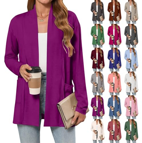 Cardigan lungo da donna, sottile, casual, a maniche lunghe, con tasche, elegante, aperto, casual, per le mezze stagioni, per le donne