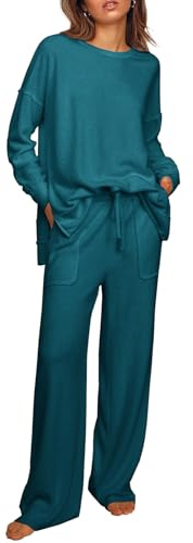 Ekouaer Womens Tracksuits 2 Piece Long Sleeve Outfits Micro Fleece Sweatsuit Sets Wide Leg Sweatpants Blue Green Medium