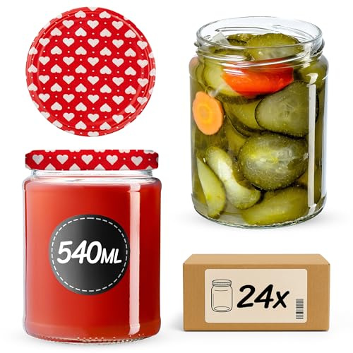 KADAX Konservburkar 540 ml med fi82 mm skruvlock, konserveringsburkar för konservering, inläggning och förvaring, syltburkar, fallburkar, förvaringsburkar, runda glas (hjärta, 24 stycken)