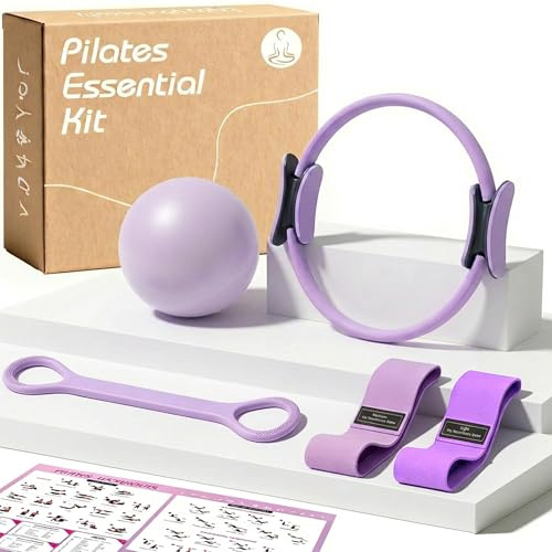 Pilates Ring Equipment Kit for Women - 12” Magic Circle with Dual Padded Handles, 9.8” Pilates Mini Ball, Back-Opening Rope, Resistance Bands (Light & Medium) for Strength Training, Body Toning