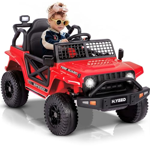 Electric Cars for Kids, 12V Off Road Electric Car with Remote Control, LED Lights, Bluetooth Music and Horn, Battery-powered Ride-ons Car for Boys, Girls Age 3+ (Red)