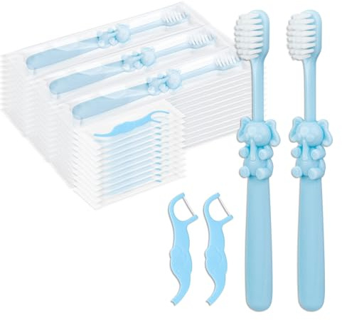 SLequipo Disposable Kids Toothbrush Set Individually Wrapped Kids Toothbrushes Floss Elephant Shapes Helps Prevent Tooth Decay & Gum Diseas for Family Travel Picnics Boys Girls (100)