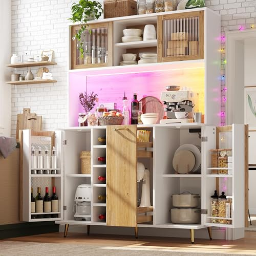 Huayz Armadio da cucina alto con LED, credenza con 4 ante e scaffalatura per snack, da cucina, con piano di lavoro e ripiani, per soggiorno, sala da pranzo, 120 x 40 x 188 cm