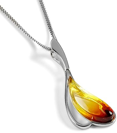 HENRYKA Halsband med solnedgång, bärnsten, hänge | 925 massivt sterlingsilver och konjak baltisk bärnsten | present till henne | 45 cm kedja | allergivänliga smycken, 12mm x 35mm, 18 inches, Silver