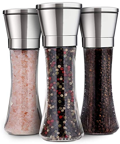 Salt and Pepper Grinder Set of 3 Adjustable Ceramic Salt Grinder & Pepper Grinder - Tall Salt and Pepper Shakers with Adjustable Coarseness by Ceramic Rotor