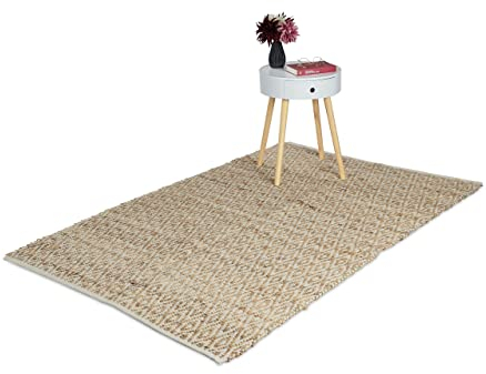 Relaxdays Läufer, Jute & Baumwolle, 120x180 cm, Teppich für Flur, Küche, Schlafzimmer, rutschfest, Karomuster, Hellbraun, 120 x 180cm