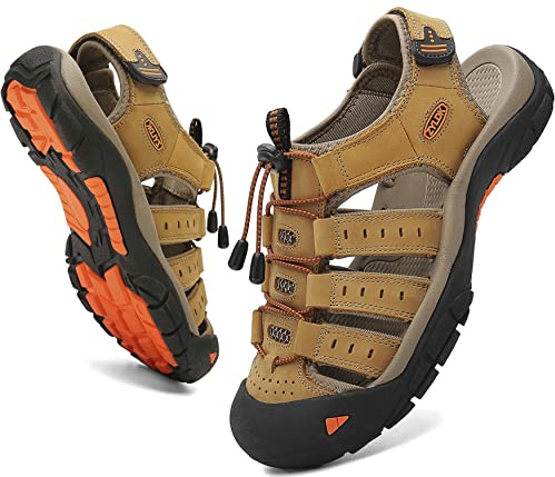 ZYLDK Sandalias de Senderismo para Hombres Verano Exterior Deportivas Zapatos Trekking Casual Zapatos de Montaña Cuero Sandalias de Playa Antideslizante Verano,Amarillo,39