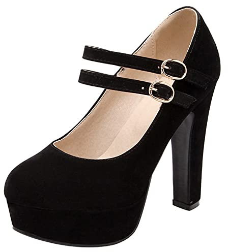 Escarpins Habillés Femme, Mary Jane Bloc Elegant Chaussures de Soirée Talons Hauts Bout Rond avec Plateforme Boucle Noir Taille 46 EU