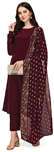 FIORRA Women's Kurta Set with Dupatta, Chestnut Brown, Poly Crepe, A-Line, blue, L