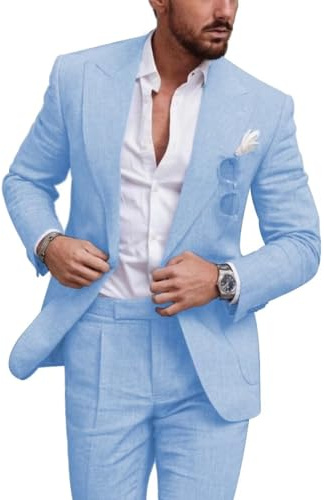 Costume 2 pièces en lin pour homme, coupe ajustée, smoking, été, plage, bal de fin d'année, blazer, bleu ciel, Taille XL