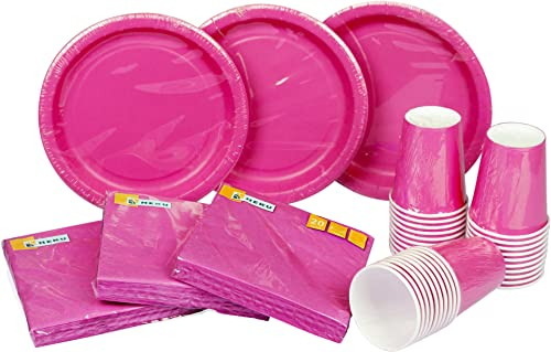 HEKU Party-Einweg-Set, 120-teilig in pink I Geeignet für 30 Gäste | Inklusive Pappteller, Partybecher (0,25 l) & Servietten (33x33 cm) I Ideal für Partys, Grillabende, Geburtstage & Hochzeiten