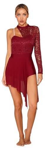 Freebily Justaucorps Gymnastique Femme Tutu Leotard Ballet Danse Latine Valse Une Manche Asymétrique Robe de Soirée Cocktail Tunique Bourgogne S