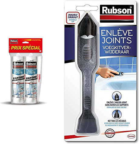 Rubson | Mastic Bain & Cuisine Blanc (lot de 2 cartouches de 280 ml) + Outil Enlève Joints – Kit complet anti-moisissures : mastic silicone étanche + raclette double embout pour retrait et finition