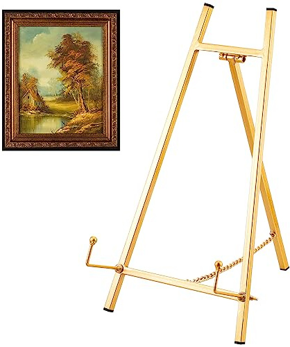 Leinuosen Metal Easel Stand 16.5 H x 8.7 W x 4.3 D Table Top Easel Stand for Display Tripod Art Picture Mirror Modern Plate Holder for Display Book Photo Wedding Sign(Gold,1 Pcs)