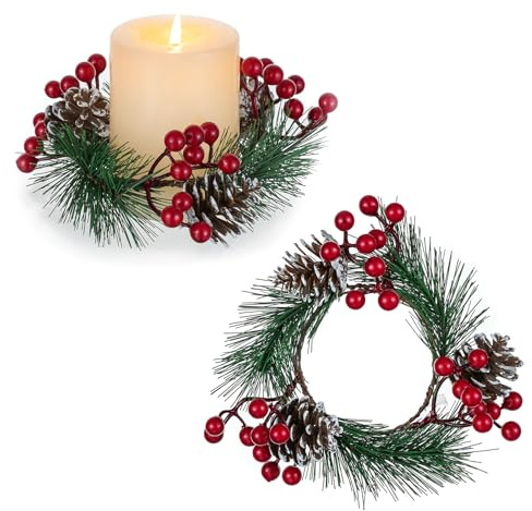 Couronne Decoration Noel Deco Table: Blosmon 2 Pièces Mini Couronne de l'Avent avec Pommes de Pin, Baies pour Centre de Table Porte Bougie, Couronne de Noel pour Porte Sapin Maison Salon Décoration