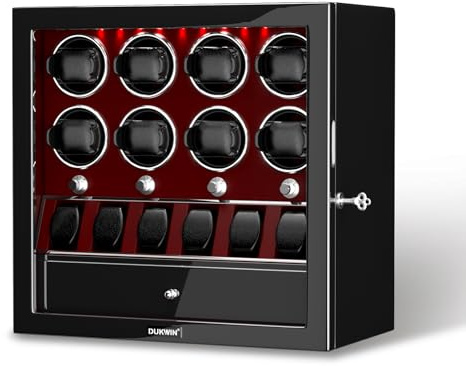 DUKWIN Watch Winder, Lockable Watch Winders for 8 Automatic Watches with Extra 6 Watch Storage, Jewelry Storage, 4 Rotation Modes, LED Light, Super Quiet Mabuchi Motor and Spring Watch Pillows, Red