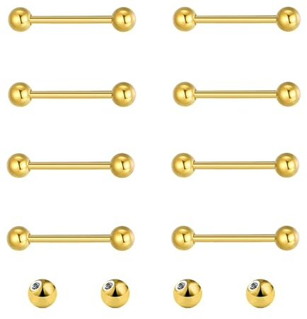 Gojewen 12pcs Piercing Lengua Pezón Piercing Acero Quirúrgico Oro Piercing Lengua Pezón Barbell 10mm