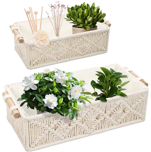 2er Set Aufbewahrungskorb Geflochten, Makramee Aufbewahrungskörbe Dekor Box, Boho Deko, Handarbeit Makramee aus Baumwollseil mit Griffen für Deko, Geschenkekorb, Brotkorb, Snacks Aufbewahren (Weiß)