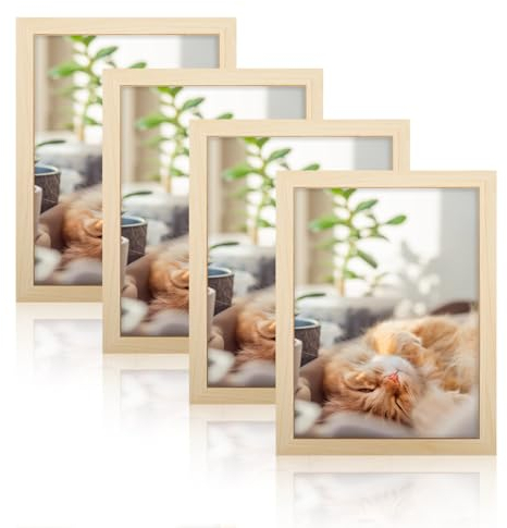 Mucek Bilderrahmen A4, Bilderrahmen Holz 4er Set, Holzrahmen 21x30cm, DIN A4 Bilderrahmen mit MDF Rahmen für Fotos Urkunden Malerei Ausstellung(Holzfarbe)
