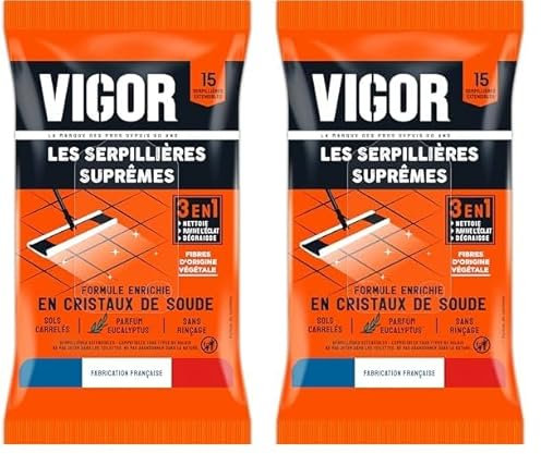 Vigor Serpillières Suprêmes 3 en 1 | Nettoie, Ravive l'éclat et Dégraisse | Formule Enrichie en Cristaux de Soude | Sans Rinçage - Sols Carrelés | Fabriqué en France | x15 Serpillières Extensibles