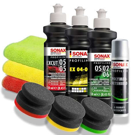 Autopolitur Set | Sonax Profiline ExCut 05-05 gegen tiefe Kratzer + EX 04-06 Hochglanzpolitur + OS 02-06 Finish Politur + Quick Detailer + 3 x Hand Polierpad + 3 x Poliertuch