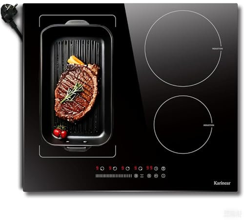 Karinear Piano Cottura Induzione 4 Fuochi, 60cm Piastra Induzione Elettrico 3500W con Flex Zona, Piani Cottura con Spina, 9 Power Comandi Toccare, Blocco di Sicurezza per Bambini, Timer Lock, Booster