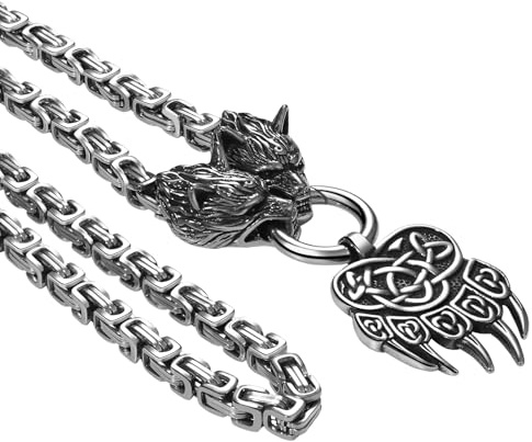 OIDEA Viking Necklace for Men: Vintage Viking Bear Claw Pendant with Wolf Head King Chain Nordic Pagan Amulet Jewelry Gifts, Silver, 28''