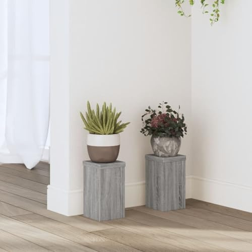 HaoChrymec Soporte para Plantas, 2 Unidades, Estructura de Madera de Ingeniería, Diseño Hueco Rellenable, Estable y Moderno, para Macetas Interiores, Color Gris Sonoma, 10 x 10 x 18 cm