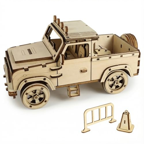 KOLOTESAME Vintage Off-Road Pickup Truck DIY 3D Wooden Puzzle Model, Classic Pickup Car Wooden Model Kit with Moving Doors & Wheels, 152 Pieces Craft Building Toy for Adults &, Desk Decor Gift