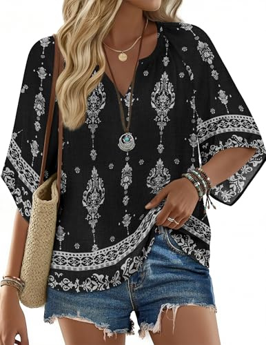 Zeagoo Womens Tops 3/4 Sleeve V Neck Boho Blouses Casual Loose Summer Top Flowy Cotton Tunic T Shirt S-XXL