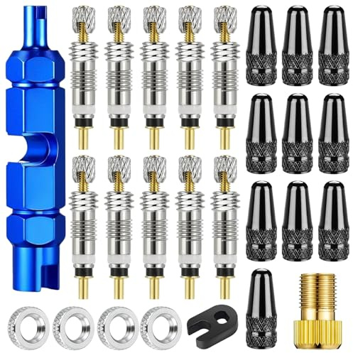 NINGYER Juego de 27 válvulas de bicicleta, válvula francesa, tapa de válvula, tuercas de llanta, adaptador de bicicleta, herramienta de desmontaje, llave de válvula de plástico, para reparación de