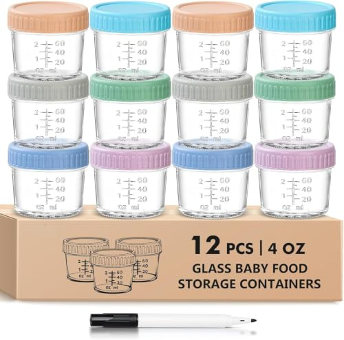 LATERN 12Pcs Glass Baby Food Storage Containers, 120ml /4oz BPA Free Baby Food Jar 100% Leak Proof Reusable Food Container with Lid & Marker for Microwave & Dishwasher & Freezer Safe