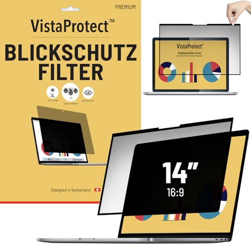 VistaProtect - Filtre de Confidentialité & Filtre Anti-Lumière Bleu Premium. Film de Protection 2-en-1 pour Écran d’Ordinateur Portable (14” Pouces - Écran Plat en Verre Bord à Bord)