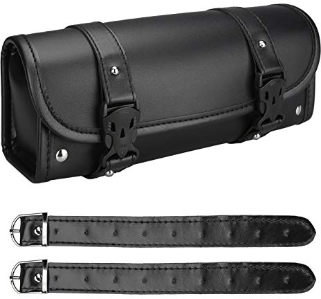 Wiipara Motorcycle Saddle Bag - Handmade PU Leather Handlebar Tool Bag, Round Barrel Shape Waterproof Roll Pouch With Straps for Scooter Front or Side (Large)